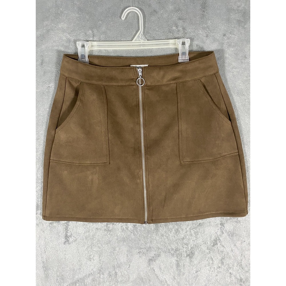 Maurices‎ Skirt Womens 12 Brown Faux Suede Mini Front Zip Pockets Modern Autumn